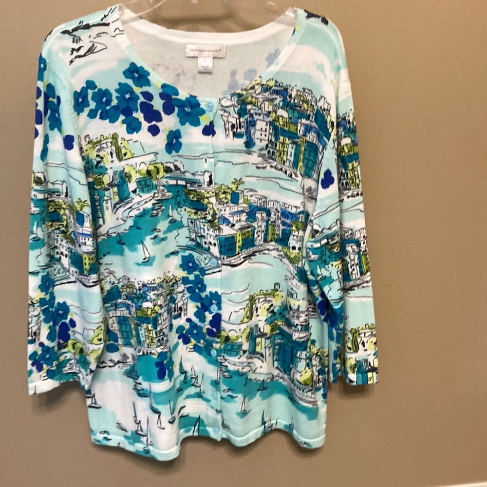 Scenic Print Women's Top. Light sweater button up
